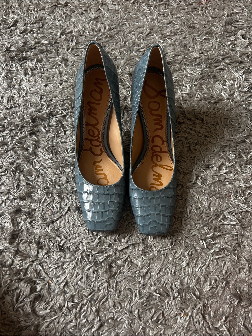 Sam Edelman Slate Blue Croc-Embossed Square-Toe Pumps